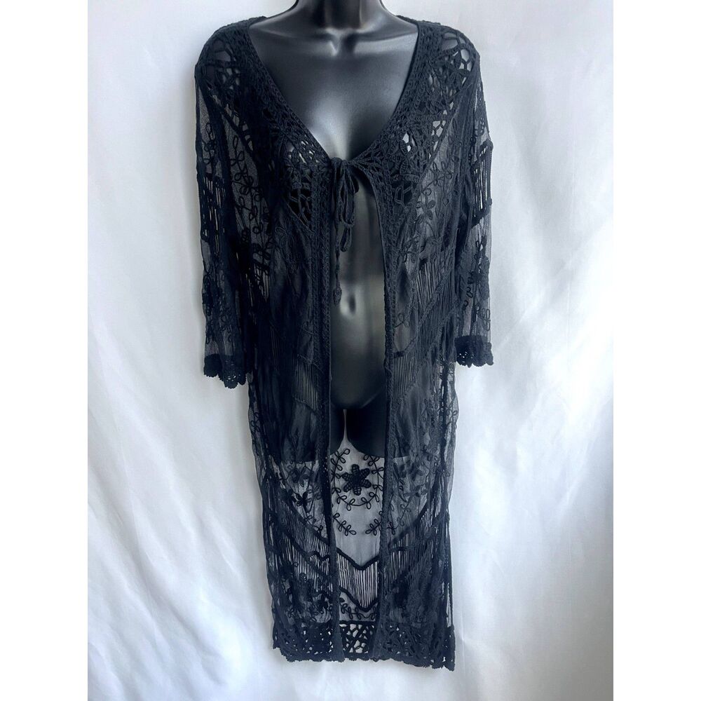 Long Black Lace Embroidered Robe Throw Witchy One Size Romantic Goth Cover